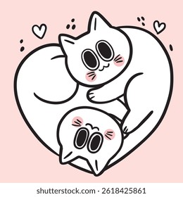 Cute cartoon cat and kitten digital line drawing element.