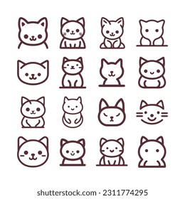 Cute Cartoon cat, kitten face line vector sticker set isolated on white