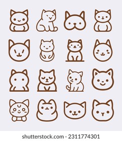 Cuto gato de dibujos animados, gatito conjunto de pegatinas vectoriales de línea facial aisladas en blanco