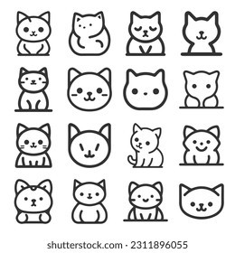 Cute Cartoon cat, kitten face line vector sticker set isolated on white