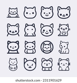 Cute Cartoon cat, kitten face line vector sticker set isolated on white
