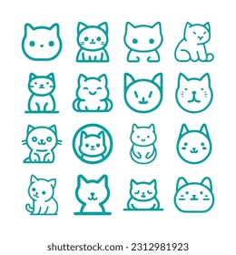 Cute Cartoon cat, kitten face line vector sticker set isolated on white