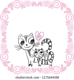 Cute cartoon cat with kitten. Vector illustration