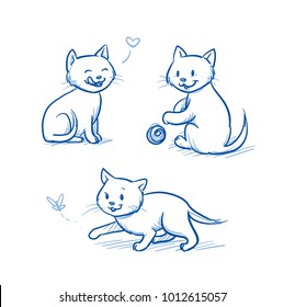 Cute Cartoon Cat Kittens Sitting, Walking, Playing. Hand Drawn Line Art Cartoon Vector Illustration.