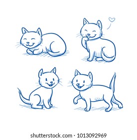 Cute Cartoon Cat Kittens Sitting, Walking, Sleeping. Hand Drawn Line Art Cartoon Vector Illustration.