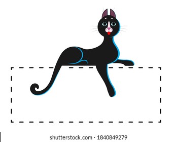 A cute cartoon cat, kitty with a happy contented face lies on a flat surface, hanging its paw. Cat with big blue eyes, long mustache and sharp ears. Blank template for design, decoration. Vector