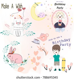 Cute cartoon cat kitty kitten,rabbit bunny,boy and girl in flower garden character warm and satisfied, happy pattern by hand draw doodle comic style,animal set vector design
