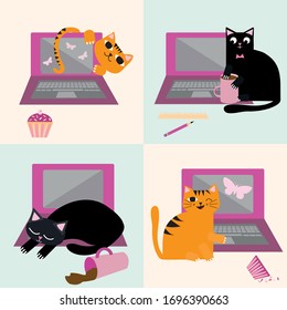 Cute cartoon cat and laptop vector seamless pattern background. Ginger and black felines interrupting business office work flow. Hand drawn fun repeat. All over print for working from home concept.