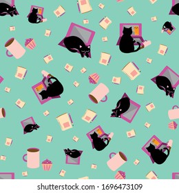 Cute cartoon cat and laptop vector seamless pattern background. Black feline, note book and coffee cups mint green backdrop. Fun business office design. All over print for working from home concept.