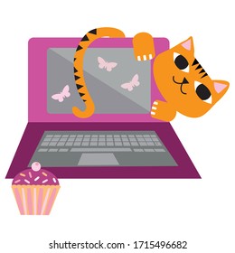 Cute cartoon cat and laptop vector illustration. Cheeky ginger kitty peeks out behind monitor and disrupts business office work flow. Hand drawn fun design motif for working from home concept.