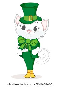 Cute cartoon of a cat in leprechaun dress on white background for Happy St. Patrick's Day celebration.