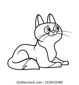Cute cartoon cat lies on the surface outlined for coloring page on white background