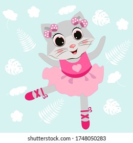 Cute cartoon cat little ballerina vector illustration. Children print