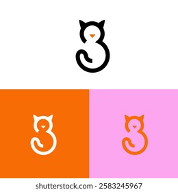 Cute cartoon cat logo, curled in number 3. Adorable kitty symbol. Isolated vector clip art illustration. Animal logotype 3 Cat shape icon. Line art Symbol for Pet Store or Veterinary clinic.