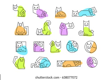 Cute cartoon cat logo. Cartoon cat set. 