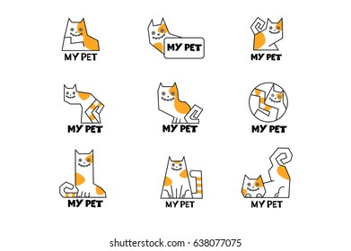 Cute cartoon cat logo. Cartoon cat set. 