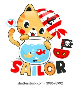 Cute cartoon cat looking fish with red pirate hat on white background illustration vector.