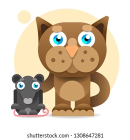 Cute cartoon cat looking at mouse. Funny character. Flat design. White background. Isolated. Vector illustration
