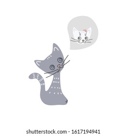 
Cute cartoon cat in love. Boy kitten dreaming his sweetheart girl. Sitting cat thinking of love. Valentines card template. Romantic vector illustration Scandinavian style. Isolated on white.