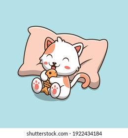cute cartoon cat lying on the pillow and holding fish