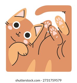 Gato lindo de la historieta que miente en la parte posterior en la forma de un cuadrado en pose relajada juguetona, gatito dentro de una caja. Ilustración vectorial moderna de moda aislada en el fondo blanco, dibujado a mano, diseño plano
