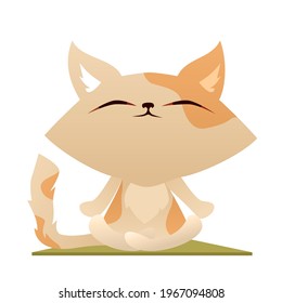 Cute cartoon cat meditating in lotus pose on yoga mat