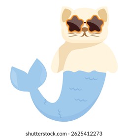 Cute cartoon cat mermaid character wearing sunglasses is enjoying summertime