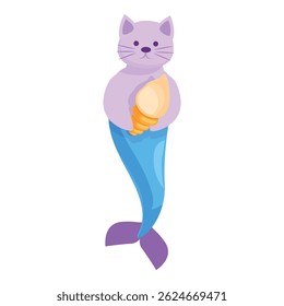 Cute cartoon cat mermaid is holding a seashell