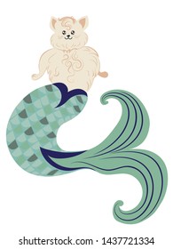 Cute cartoon cat with mermaid tail, fantasy creation.