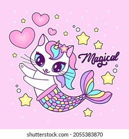 Cute cartoon cat mermaid unicorn. The text is Magic. For children's design of prints, posters, stickers, cards, banners, etc. Vector