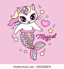 Cute cartoon cat mermaid unicorn. The text is Magic. For children's design of prints, posters, stickers, cards, banners, etc. Vector