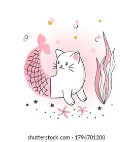 Cute cartoon cat mermaid vector illustration. Baby print.