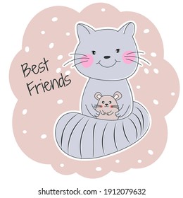 Cute cartoon cat and mouse best friends. Funny animal character flat style. Modern poster for prints, kid greeting card, poster, t-shirts. Vector illustration.