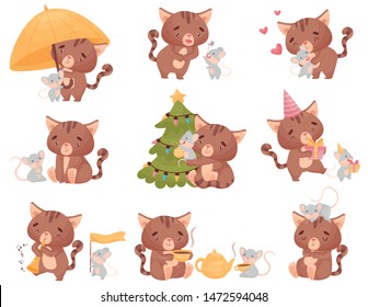 Cute cartoon cat and mouse in different situations. Vector illustration on white background.