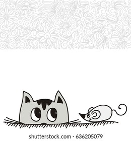Cute cartoon cat and mouse. Vector illustration.