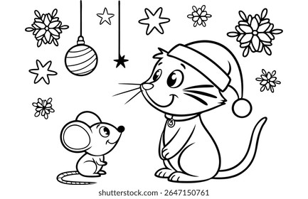 Cute cartoon cat and mouse wearing santa hats and surrounded by festive christmas decorations like snowflakes and ornaments perfect for holiday coloring pages and designs