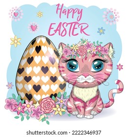 Cute cartoon cat near a beautiful easter egg. Happy Easter card