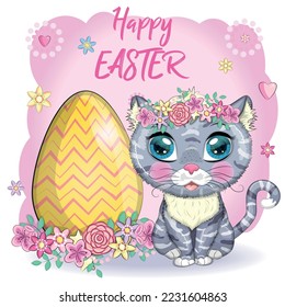 Cute cartoon cat near a beautiful easter egg. Happy Easter card