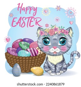 Cute cartoon Cat near a beautiful Easter basket full of eggs. Happy Easter card.