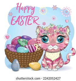 Cute cartoon Cat near a beautiful Easter basket full of eggs. Happy Easter card.