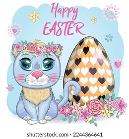Cute cartoon cat near a beautiful easter egg. Happy Easter card