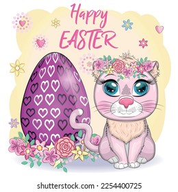 Cute cartoon cat near a beautiful easter egg. Happy Easter card