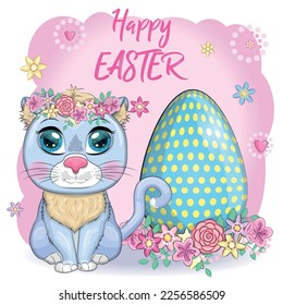 Cute cartoon cat near a beautiful easter egg. Happy Easter card