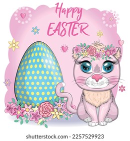 Cute cartoon cat near a beautiful easter egg. Happy Easter card