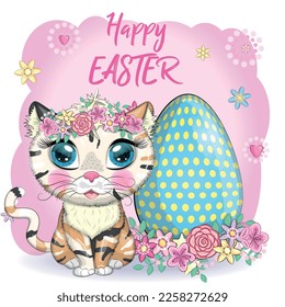Cute cartoon cat near a beautiful easter egg. Happy Easter card