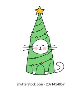 A cute cartoon cat in a New Year's suit. New year, cute Christmas holidays costume. Cute cartoon vector illustration on white background