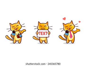 Cute cartoon cat news reporter or jourmalist with the microphone.