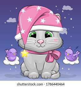 Cute cartoon cat in the night hat with stars. Vector illustration of animal and birds on the blue background. 