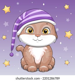 A cute cartoon cat in a nightcap. Night vector illustration with animal on a lilac background with stars.