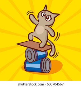 Cute Cartoon Cat On Balance Beam Vector Illustration